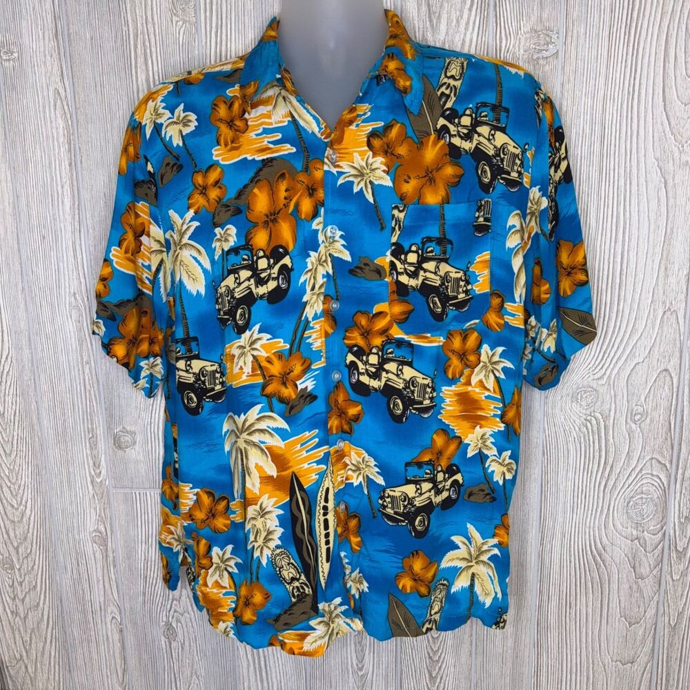 Sun Fusion Hawaiian Shirt Men's Large Aloha Tropical Print Jeep Surfboard Blue